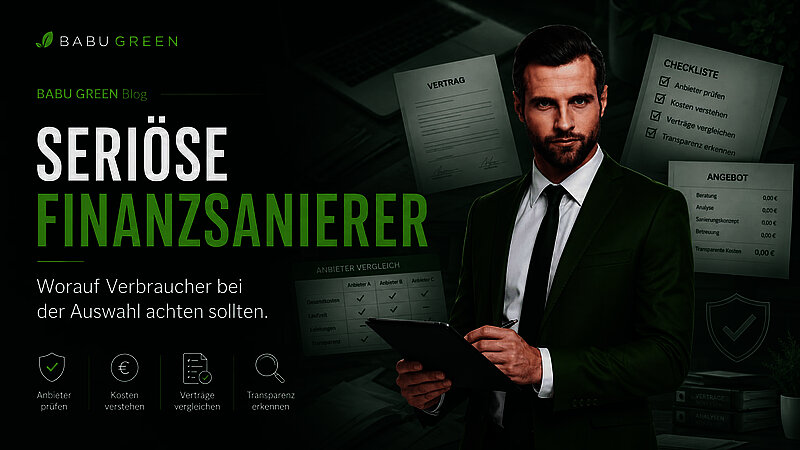 BABU GREEN Headerbild mit Markenbotschafter im grünen Anzug, Vertragsunterlagen, Checkliste und Vergleichstabelle zum Thema seriöse Finanzsanierer.