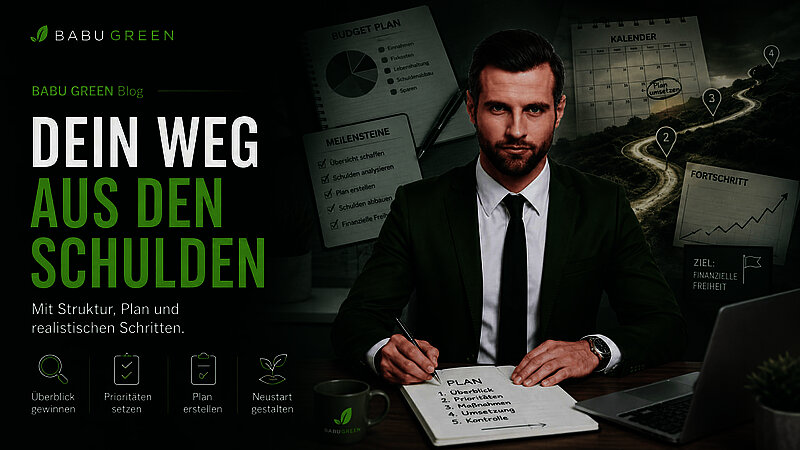 BABU GREEN Headerbild mit Markenbotschafter am Schreibtisch, Budgetplan, Meilensteinen und Roadmap zum Weg aus den Schulden.