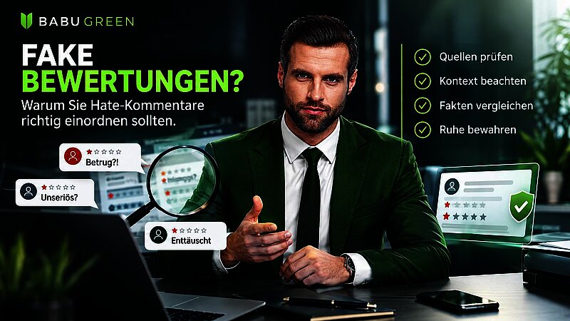 BABU GREEN Headerbild zu Fake Bewertungen, Hate-Kommentaren und sachlicher Einordnung von Erfahrungen mit Finanzsanierung.