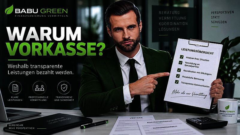 BABU GREEN Headerbild zum Thema Warum Vorkasse bei Finanzsanierung, Leistungsübersicht und transparente Kosten.