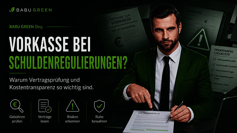 BABU GREEN Headerbild mit Markenbotschafter, Vertragsdetails, Vorkasse-Hinweis und Transparenz-Checkliste zur Schuldenregulierung.