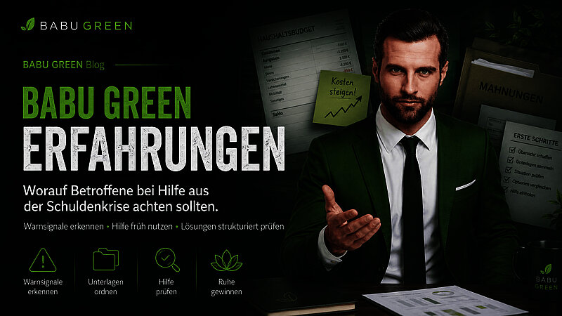 BABU GREEN Headerbild zu Erfahrungen, Warnsignalen bei Überschuldung und ersten Schritten aus der Schuldenkrise.