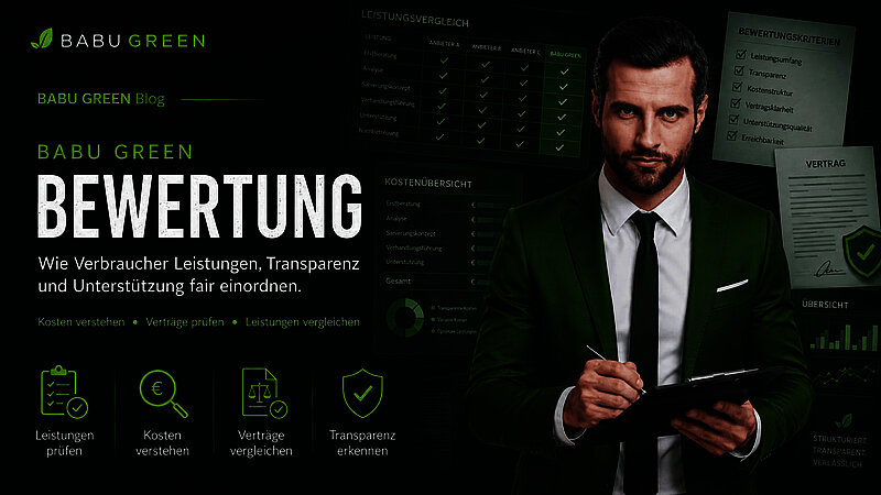 BABU GREEN Headerbild zur Bewertung von Finanzsanierungen mit Kostenübersicht, Leistungsvergleich und Transparenzkriterien.