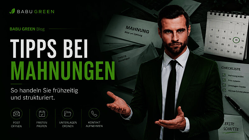 BABU GREEN Headerbild mit Markenbotschafter im grünen Anzug, Mahnungen, Kalender und Checkliste mit ersten Schritten.