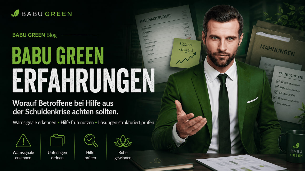 BABU GREEN Headerbild zu Erfahrungen, Warnsignalen bei Überschuldung und ersten Schritten aus der Schuldenkrise.
