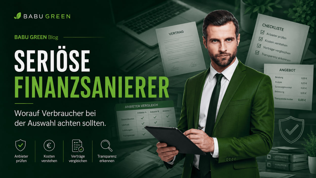 BABU GREEN Headerbild mit Markenbotschafter im grünen Anzug, Vertragsunterlagen, Checkliste und Vergleichstabelle zum Thema seriöse Finanzsanierer.