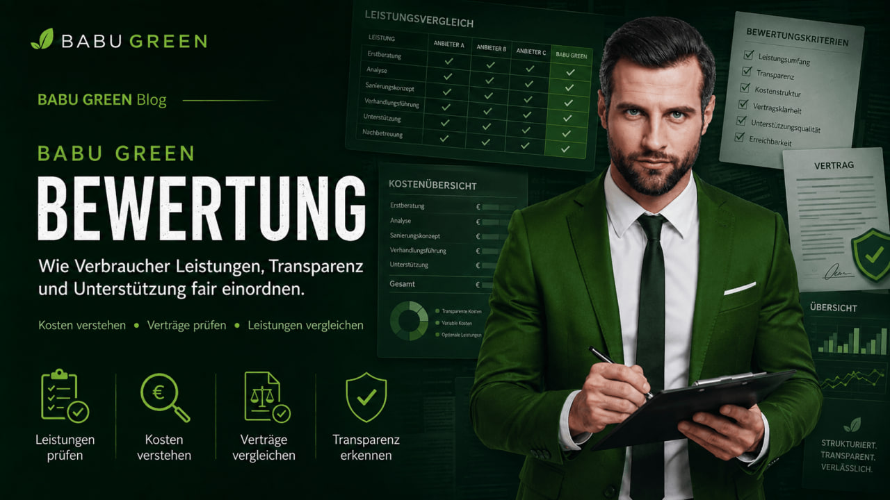 BABU GREEN Headerbild zur Bewertung von Finanzsanierungen mit Kostenübersicht, Leistungsvergleich und Transparenzkriterien.