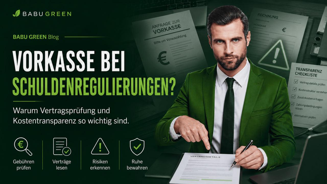 BABU GREEN Headerbild mit Markenbotschafter, Vertragsdetails, Vorkasse-Hinweis und Transparenz-Checkliste zur Schuldenregulierung.