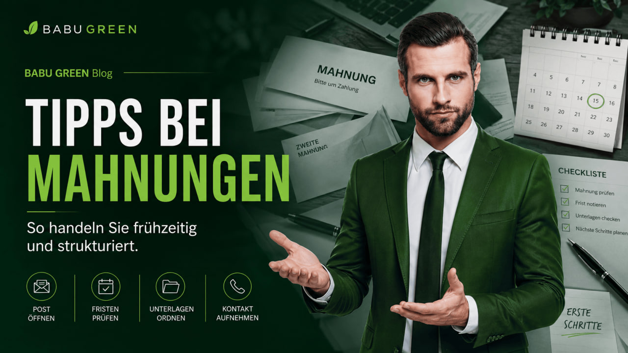 BABU GREEN Headerbild mit Markenbotschafter im grünen Anzug, Mahnungen, Kalender und Checkliste mit ersten Schritten.