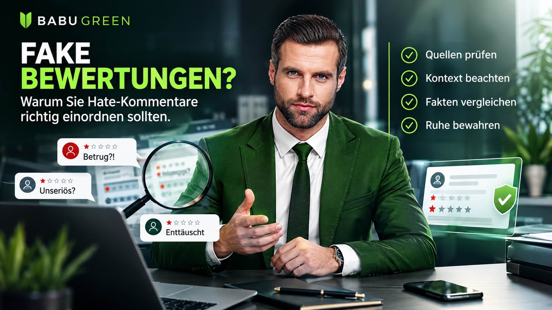BABU GREEN Headerbild zu Fake Bewertungen, Hate-Kommentaren und sachlicher Einordnung von Erfahrungen mit Finanzsanierung.