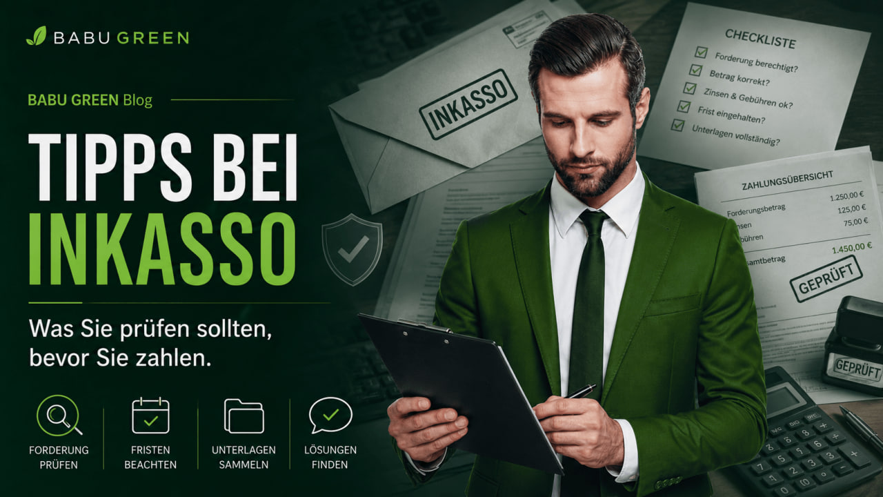 BABU GREEN Headerbild mit Markenbotschafter, Inkasso-Umschlag, Zahlungsübersicht und Checkliste zur Forderungsprüfung.