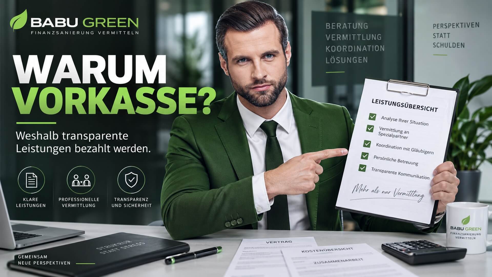BABU GREEN Headerbild zum Thema Warum Vorkasse bei Finanzsanierung, Leistungsübersicht und transparente Kosten.
