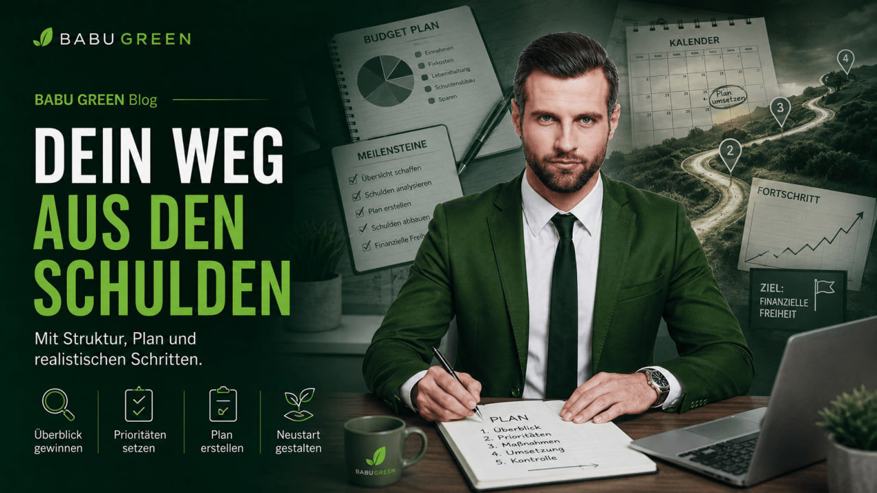BABU GREEN Headerbild mit Markenbotschafter am Schreibtisch, Budgetplan, Meilensteinen und Roadmap zum Weg aus den Schulden.