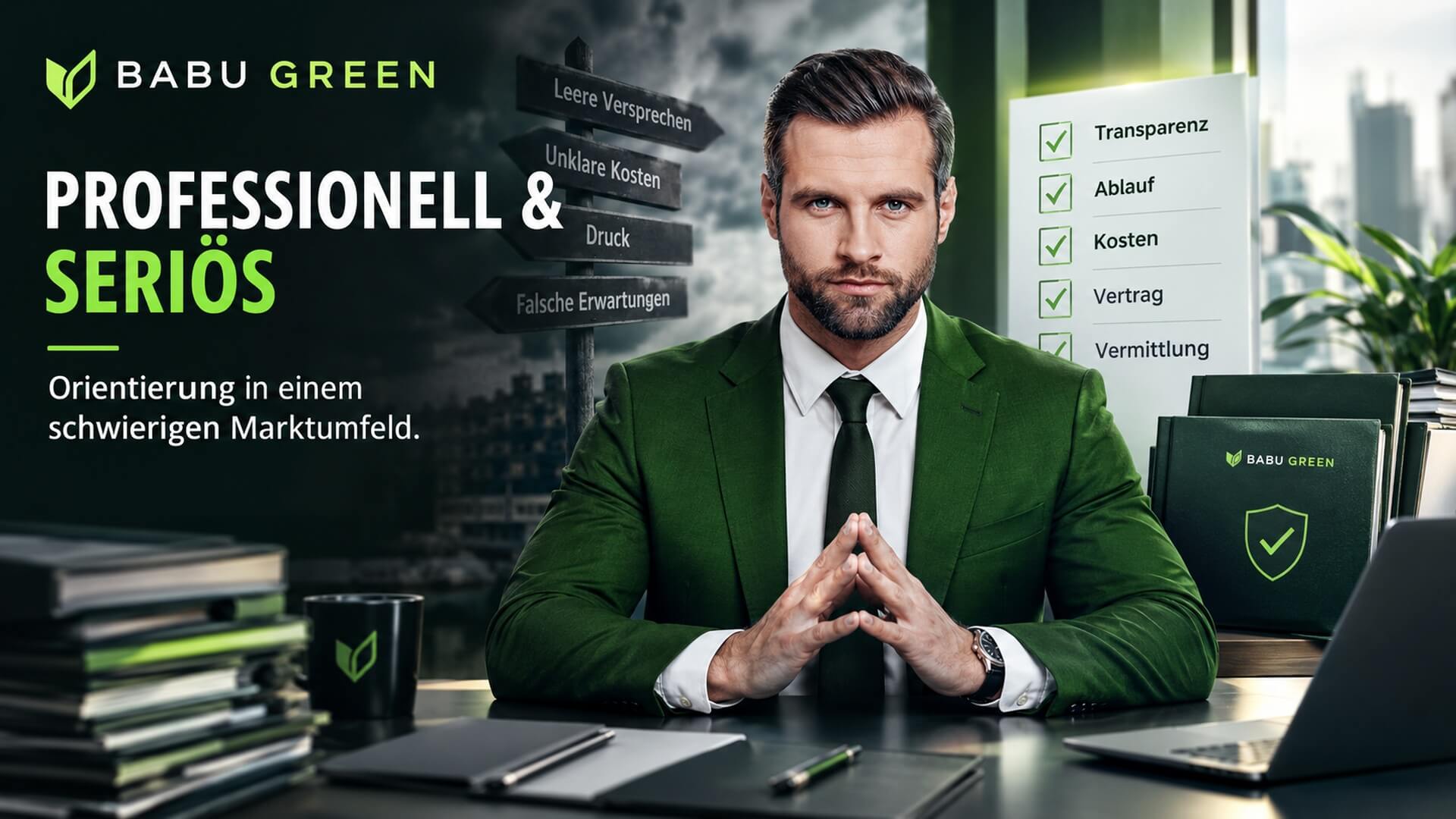 BABU GREEN Headerbild zu professioneller und seriöser Finanzsanierung in einem schwierigen Marktumfeld.